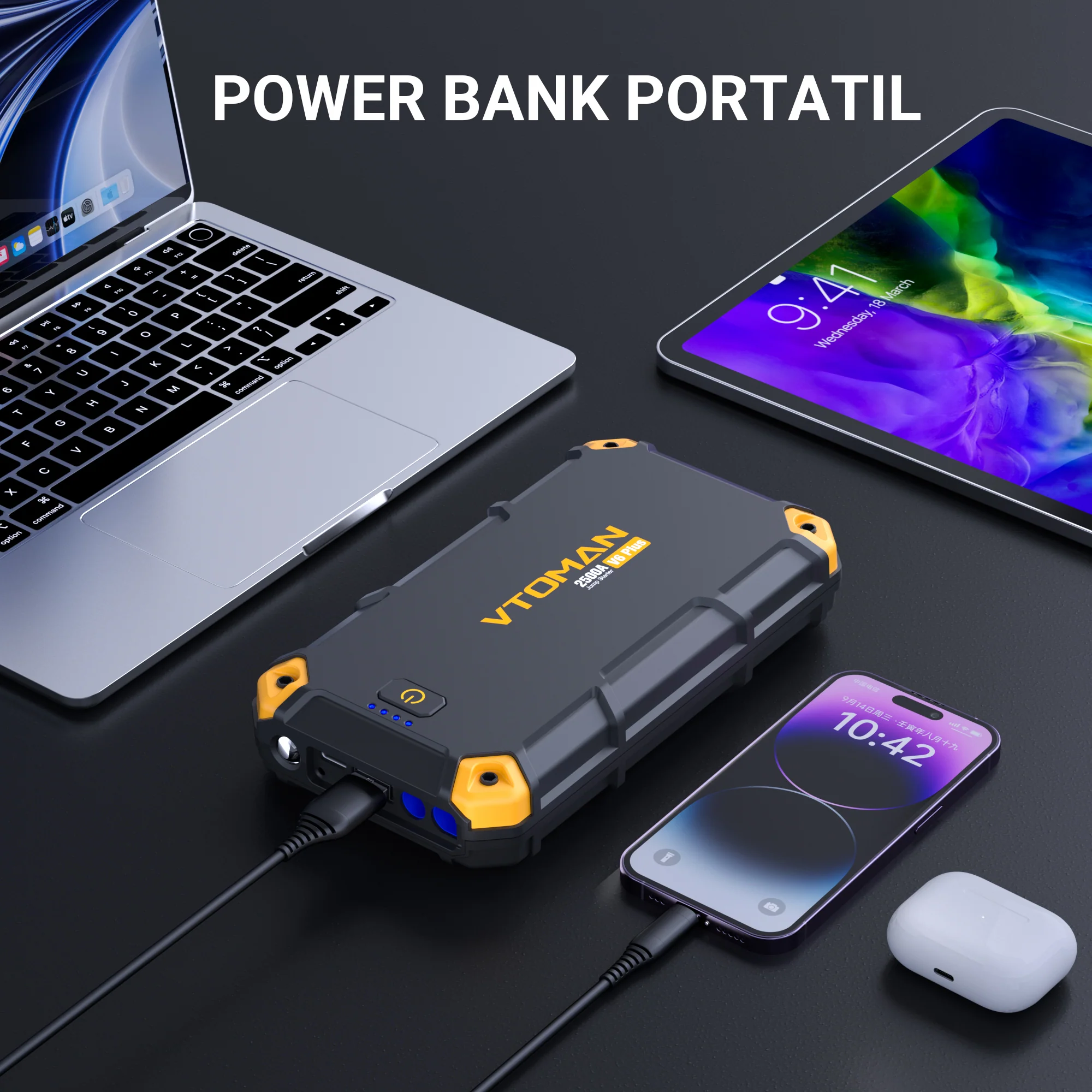 VTOMAN V6 PLUS 2500A Car Jump Starter,Portable Battery Jumper for 12V Vehicles(6.0L Gas/4.0L Diesel),10000mAh Power Bank Fast Charging & Jumper Cables,V6 Plus