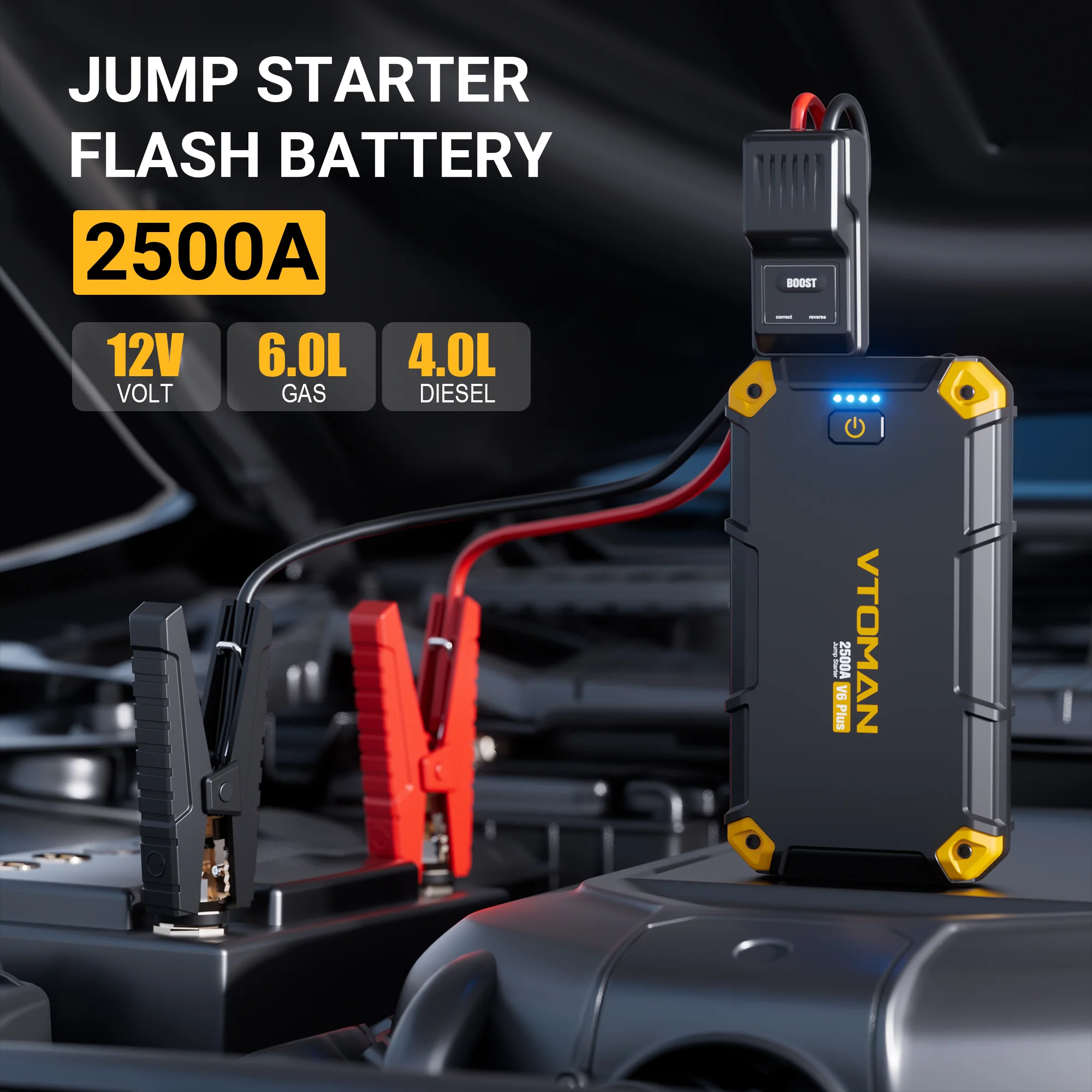 VTOMAN V6 PLUS 2500A Car Jump Starter,Portable Battery Jumper for 12V Vehicles(6.0L Gas/4.0L Diesel),10000mAh Power Bank Fast Charging & Jumper Cables,V6 Plus - Image 11