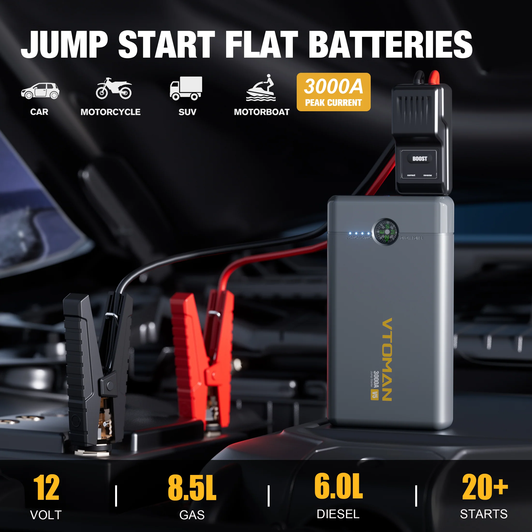 VTOMAN V5 Jump Starter - 3000A Car Battery Jumper Starter for 12V Vehicles (up to 8.5L Gas & 6L Diesel Engines), Jump Box, Lithium Booster Pack, Portable Charger with Jumper Cables, LED Light - Image 7