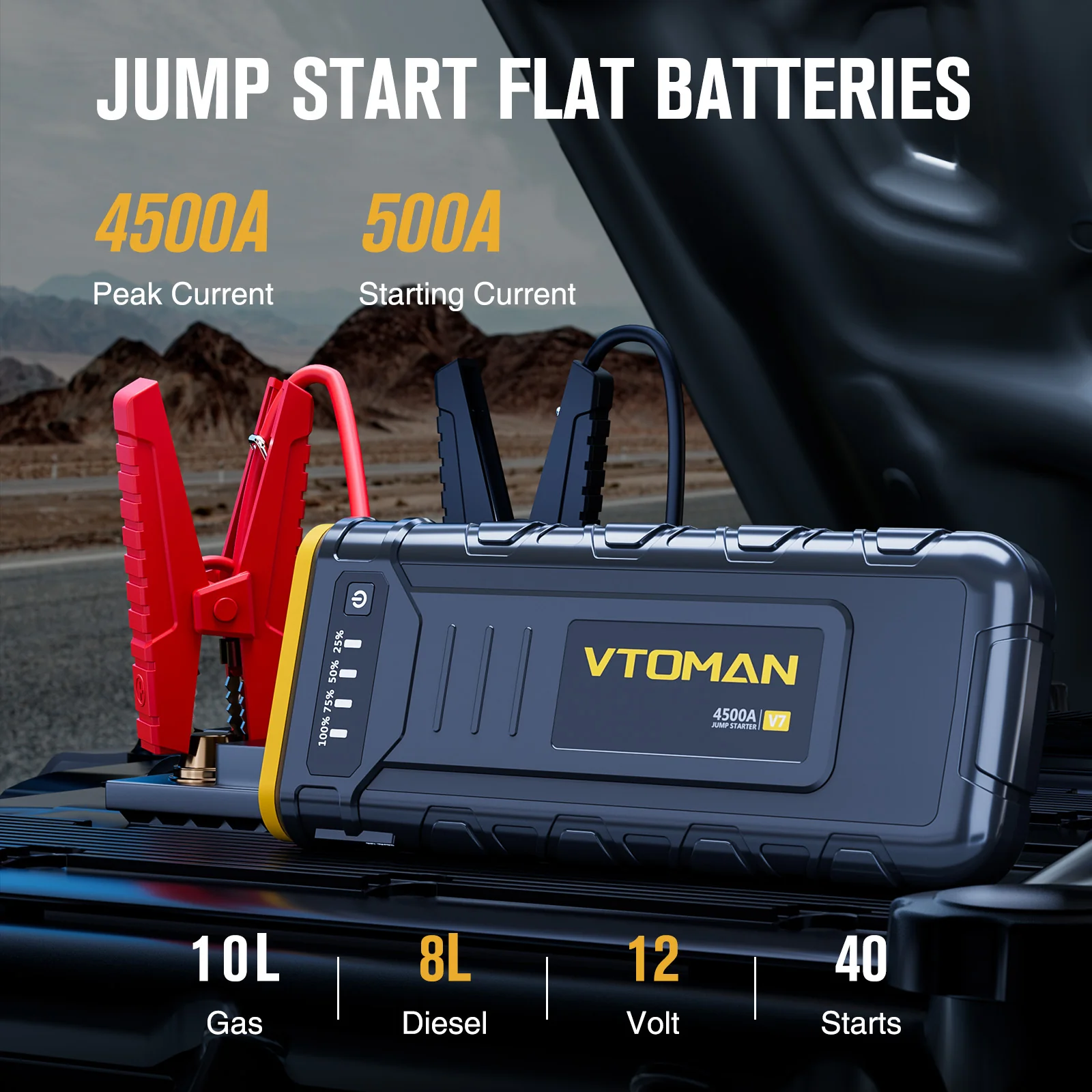 VTOMAN V7 Jump Starter - 4500A Car Battery Jumper Starter for 12V Vehicles (Up to 10L Gas & 8L Diesel Engines), Jump Box, Lithium Booster Pack, Portable Charger with Jumper Cables, LED Light - Image 2