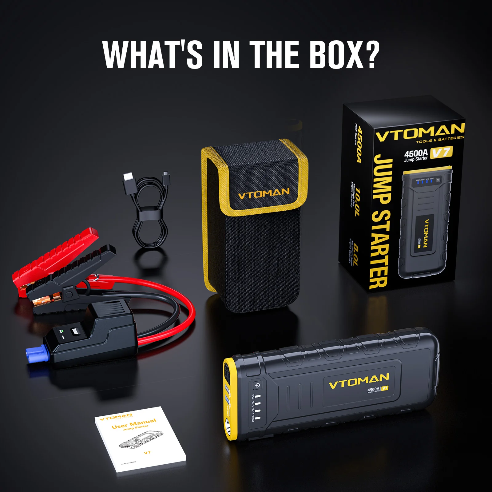 VTOMAN V7 Jump Starter - 4500A Car Battery Jumper Starter for 12V Vehicles (Up to 10L Gas & 8L Diesel Engines), Jump Box, Lithium Booster Pack, Portable Charger with Jumper Cables, LED Light - Image 8