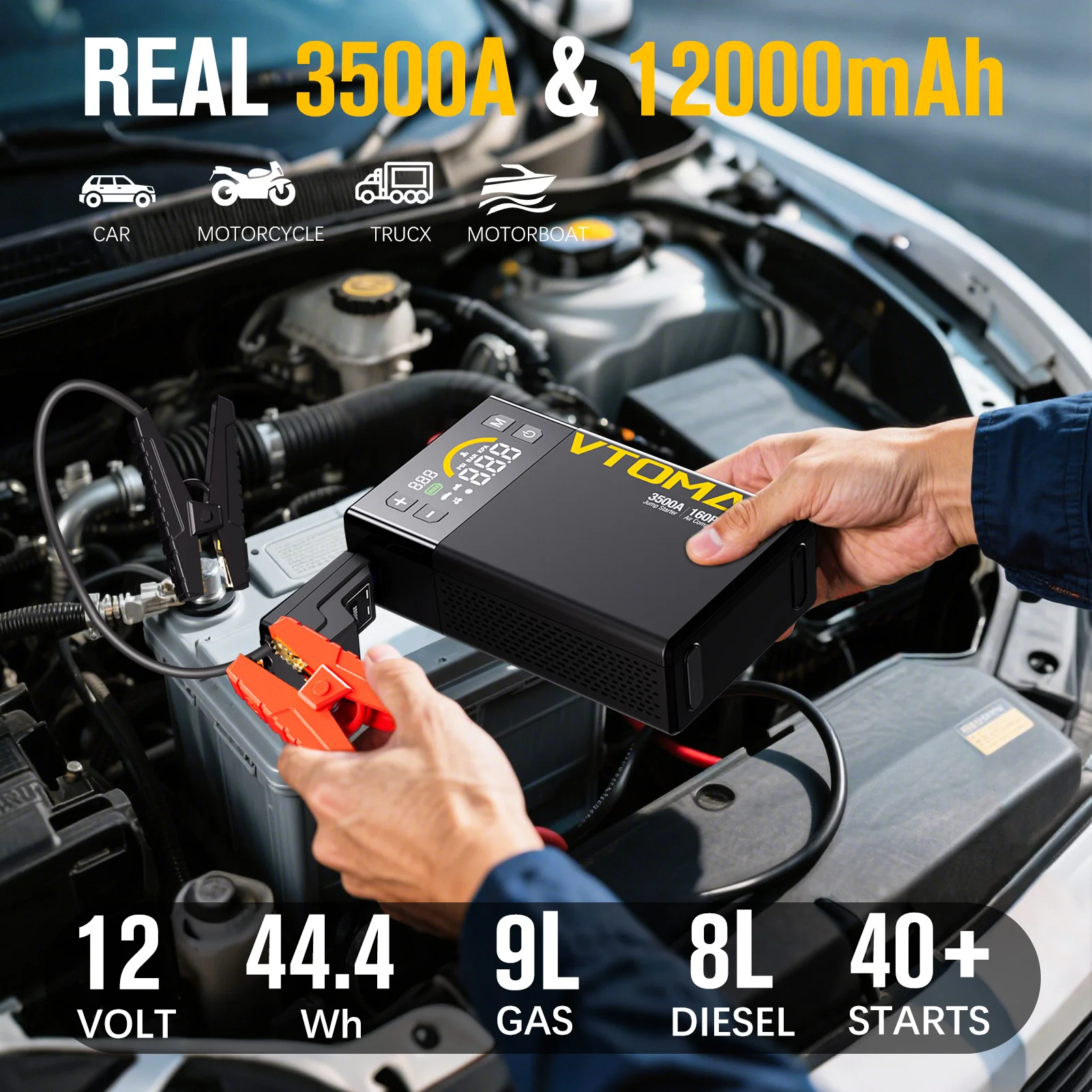 VTOMAN X3 Jump Starter with Air Compressor, 3500A Portable Car Battery Jumper Starter (9L Gas/8L Diesel Engines) with 160PSI Auto-Shutoff Tire Inflator, 12V Lithium Battery Booster Pack, Jump Box - Image 3