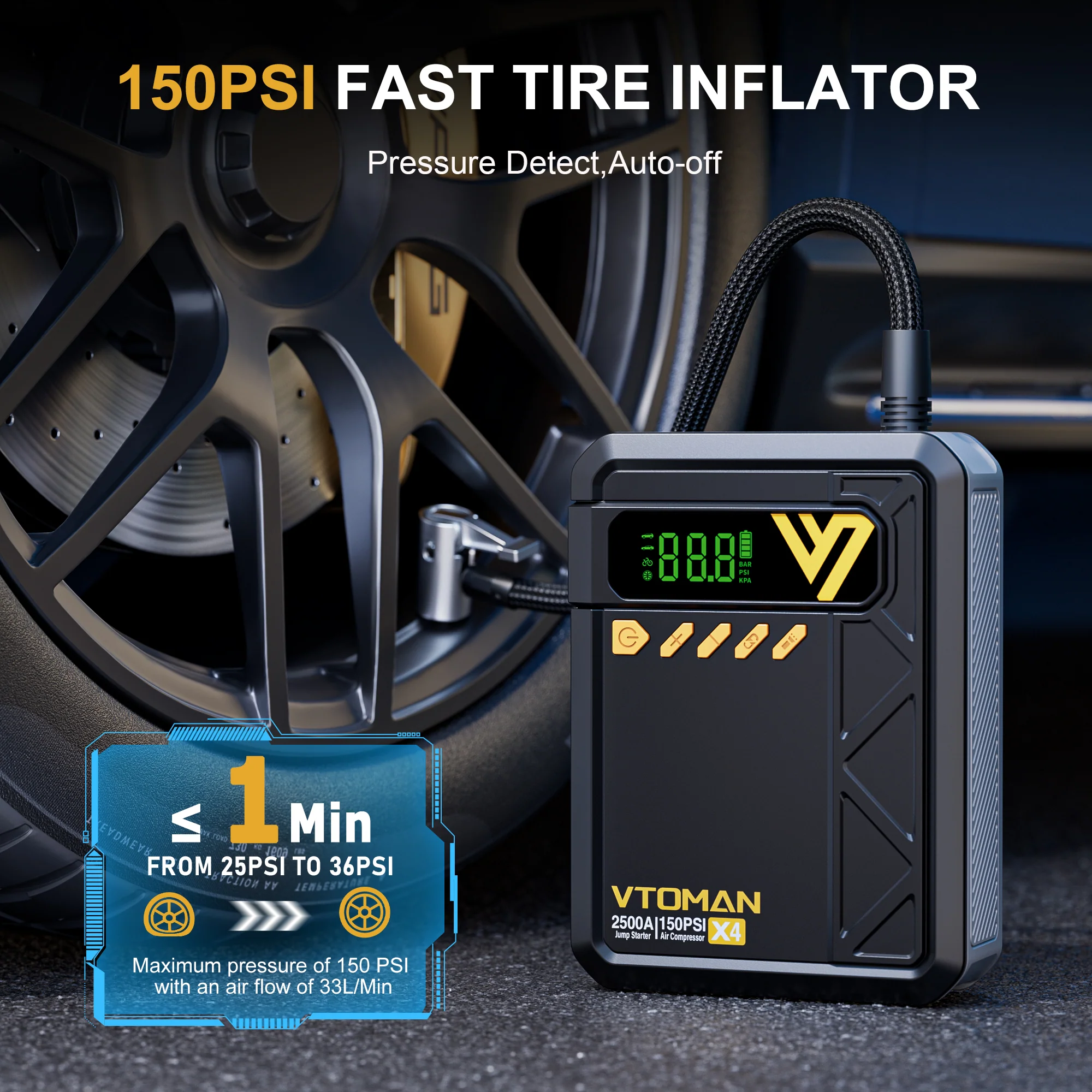 VTOMAN X4 Jump Starter with Air Compressor, 2500A Portable Car Battery Jump Starter (8.5 Gas/6.0L Diesel), 150PSI Auto-Shutoff Tire Inflator, 12V Lithium Jump Box Power Bank with Large LED Display - Image 3